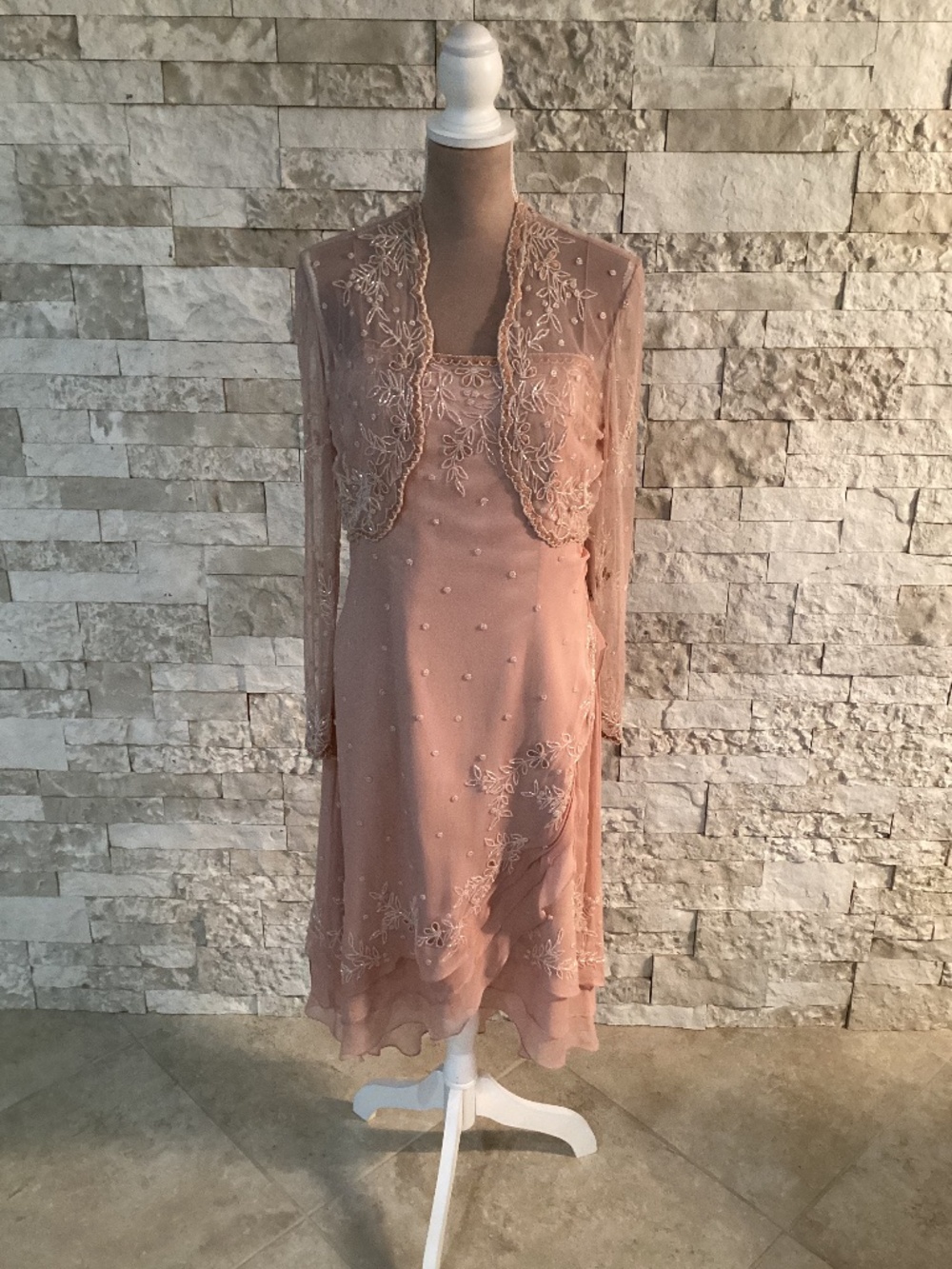 NWT Vintage Scala 100% Silk Beaded Dress & Jacket Set Pink Blush Size XL